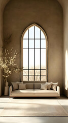 Fototapeta premium 3D Illustration Minimalist Interior Design Living Room, Sofa, Window, and Plant