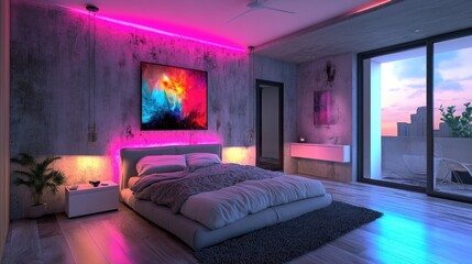 Modern Bedroom with Colorful LED Lights and City View