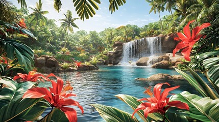 Fototapeta premium Lush Tropical Waterfall and Pool Landscape