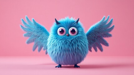 Obraz premium Adorable Blue Monster Character with Wings on Vibrant Pink Background for Use in Children's Books, Fairytales, and Illustrations