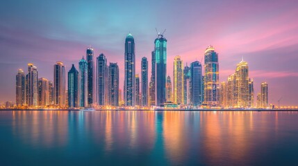 Obraz premium Dubai Marina Skyline at Twilight: A Stunning Panorama of Modern Architecture