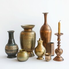 A collection of vintage brass vases, jars, and other objects with oriental designs on a white background