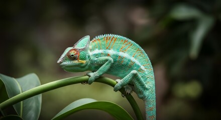 Fototapeta premium Vibrant green chameleon on curved branch showcasing unique colors and patterns