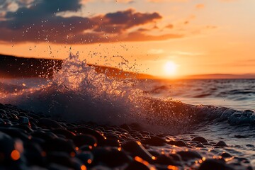Fototapeta premium Golden Sunset Waves Crashing on the Beach