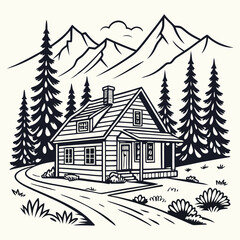 Vector Cabin, mountain and pine tree