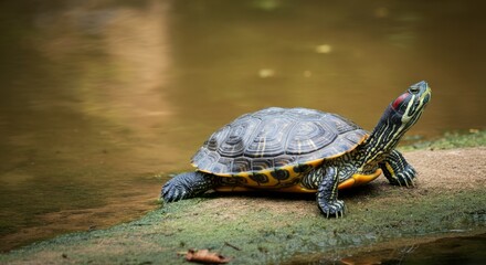 Obraz premium Red-eared slider turtle resting on a mossy rock by the water
