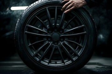 Fototapeta premium Photo Black Car Tire Wheel Rim Garage Automotive Detailing