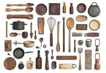 Big collection of vintage objects from the early and mid-20th century, such as tools for housework or kitchen use