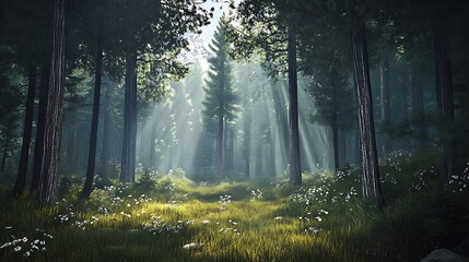 Fototapeta premium Sunbeams Filtering Through a Mystical Forest: A 3D Render AI Generated