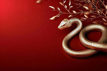 Fototapeta premium 3D Illustration Golden Snake Red Background Scales Reptile Wildlife