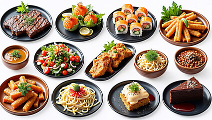Include diverse cuisines such as grilled steaks with seared edges