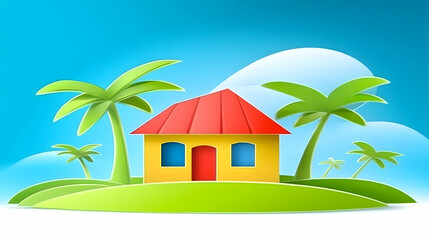 Illustration - Tropical Island Paradise Home, Palm Trees, Blue Sky
