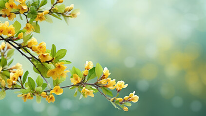 Bright yellow flowers bloom on branch with lush green leaves, creating vibrant and cheerful scene. soft, blurred background enhances beauty of nature colors