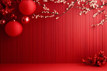 3D Illustration Red Background Lanterns Cherry Blossoms Festive Decor