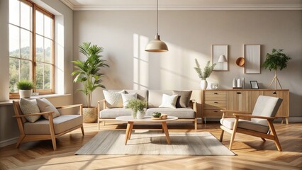 Scandinavian minimalism meets rustic charm: beige living room bathed in natural light, featuring simple, natural furniture.