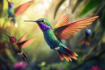 Naklejka premium Vibrant hummingbirds in flight amidst lush foliage.