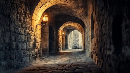 Walking Stone Archway with Lamps Leading to Light at End