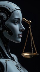 AI Justice and Regulation - Robot with Scales of Justice. Suitable for content on AI ethics, algorithmic bias in legal systems, the need for AI governance, the future of AI in law