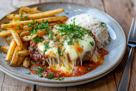 Close-up image of a delicious brazilian beef parmegiana