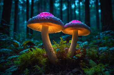 Fototapeta premium Fantasy glowing mushrooms in a dark enchanted forest