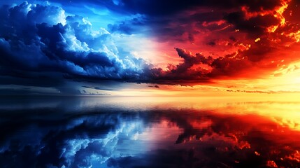 Fototapeta premium Fiery Red And Cool Blue Sunset Sky Reflected In Calm Ocean Water
