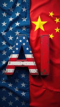 USA vs China AI Race - Letters AI with Flags. Ideal for articles and content about global technology competition, international AI development, future of technology leadership.