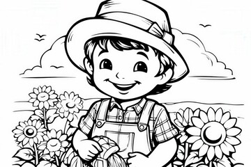 Happy child in a sun hat smiling among vibrant sunflowers in a sunny field