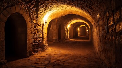 Obraz premium Exploring Dark Stone Tunnel Lit by Candles Creates Mysterious Ambience