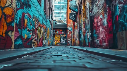 Naklejka premium Exploring Colorful Urban Alleyway with Street Art and Brick Pavement