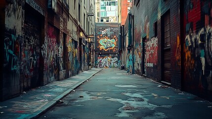 Fototapeta premium Walking Down Graffiti Alleyway with Water Puddles and Urban Decay