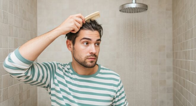 Young caucasian adult male grooming hair in modern shower