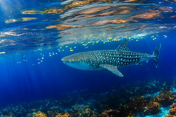 Obraz premium Photo Majestic Whale Shark Ocean Sunlight Coral Reef