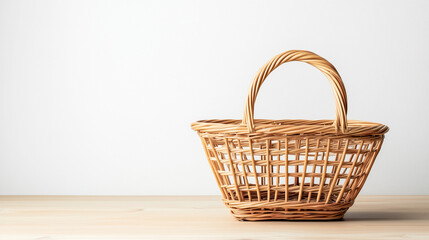 Obraz premium A supermarket basket is placed on a wooden table, isolated on a white background, offering a minimalist and practical display.