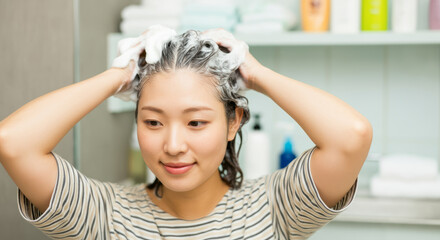 Fototapeta premium Asian young adult female washing hair with shampoo at home in bathroom