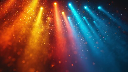  Dramatic Concert Stage Lighting with Golden and Blue Spotlights and Floating Particles for Event Promotion and Performance Visuals