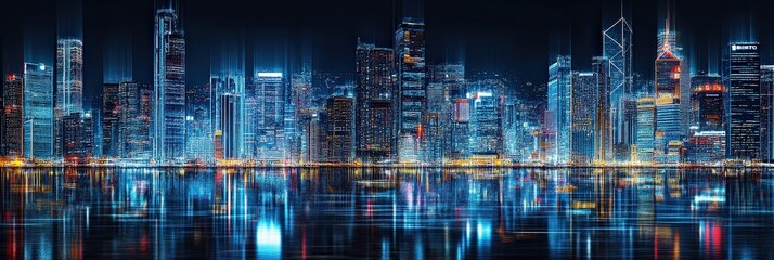 Vibrant city skyline at night reflecting on water with illuminated buildings and bustling activity