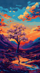 Illustration Vibrant Sunset Landscape, Mountains, and Tree