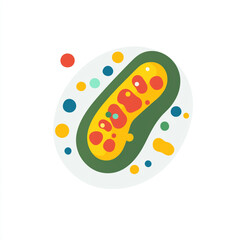 A stylized, colorful illustration of a bacterium with circular structures on its surface, representing different cellular components.
