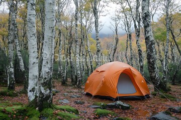 Autumn forest camping tent, misty mountains
