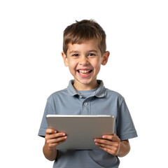 young boy or student holding a tablet in transparent background