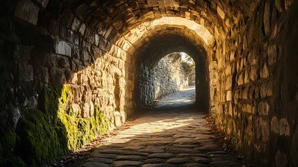 Obraz premium Walking Through Stone Tunnel with Sunlight Shining on Cobblestone Path