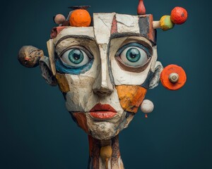 Abstract surrealism depicting cubist faces with large eyes, set against a blue background with vibrant warm tones.