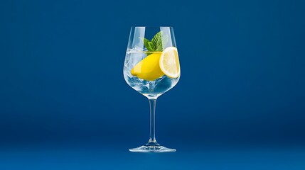 Refreshing Lemon and Mint Drink in a Wine Glass, Vibrant Blue Background AI Generated
