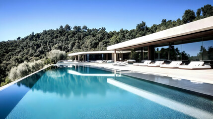 Fototapeta premium Photo Modern Luxury Home, Infinity Pool, Forest View