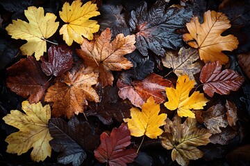 Obraz premium Autumn leaves, wet, forest floor