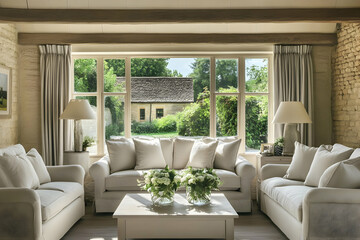 Fototapeta premium Photo Serene Living Room Interior Design, Sofas, and Natural Light