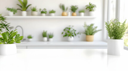 3D Illustration Empty White Table with Potted Plants Background