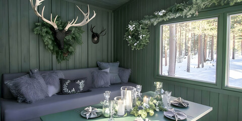 Cozy Winter Cabin Photo Dining Room Decor Greenery Snow Scene