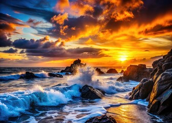 Obraz premium Ocean waves crash dramatically on rocks, silhouetted against a fiery sunset.