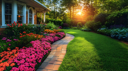 Fototapeta premium Colorful Garden Path With House In Background